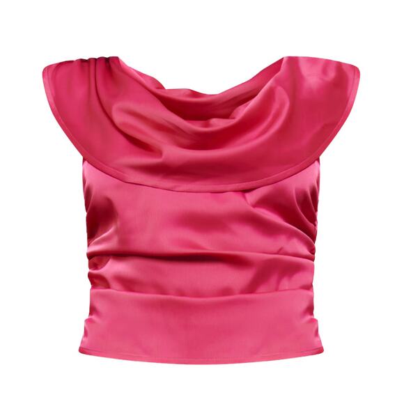 NWT PrettyLittleThing Hot Pink Satin Cowl Neck Ruched Top Size 4 - Picture 2 of 11